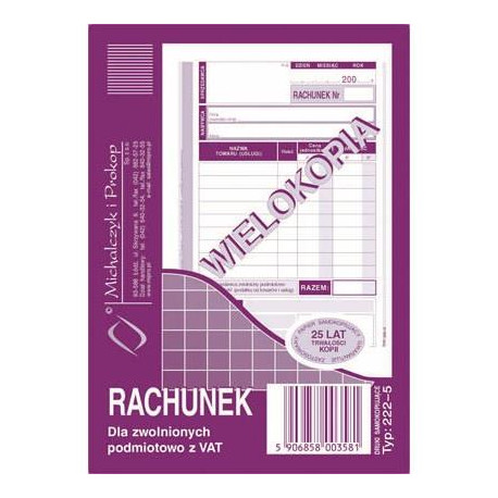 DRUK RACHUNEK A6 222-5 DLA ZW. Z VAT