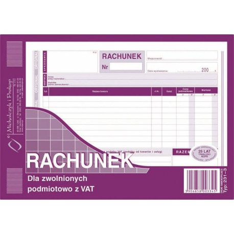 Druk Rachunek Dla Zwolnionych Podmiotowo z VAT A5 231-3 (poziomy)