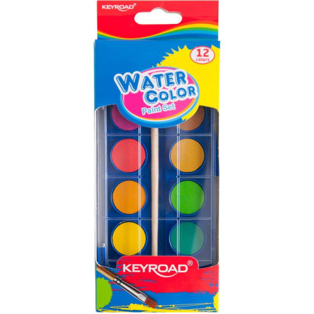 Farby Akwarelowe z Pędzelkiem 12 kolorów KEYROAD KR971351