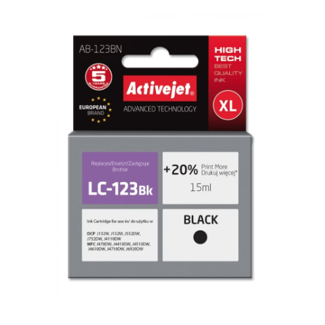 ACTIVEJET AB-123BN TUSZ DO DRUKARKI BROTHER, ZAMIENNIK BROTHER LC123BK/121BK SUPREME 15 ML CZARNY