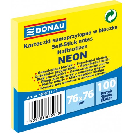 Notes Samoprzylepny Donau 76x76mm Neon Żółty 100 kartek
